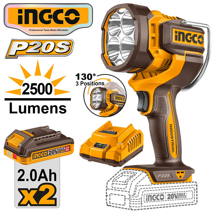 Ingco P20S/20V 2.0AH Lithium-Ion Cordless Portable Work Lamp Flashlight ING-CT