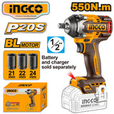 Ingco P20S/20V Cordless Lithium-ion Brushless AI Impact Wrench 1/2" 550N.m ING-CT