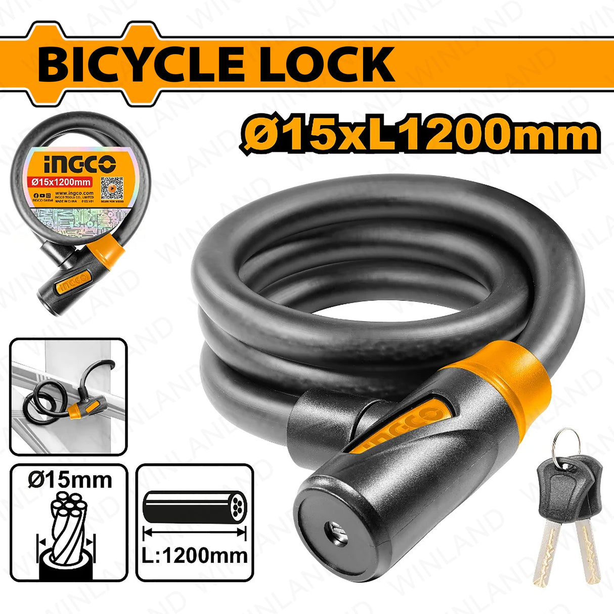 15 x 1200mm PVC Coated Braided Bicycle Lock with 2-Iron Keys DBK151201 ING-AC