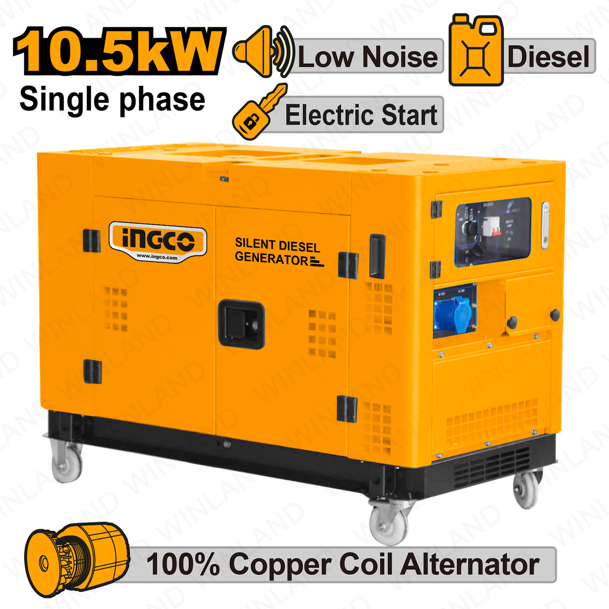 INGCO 12kVA silent diesel generator 26L fuel tank 220–240V GSE125001-5P