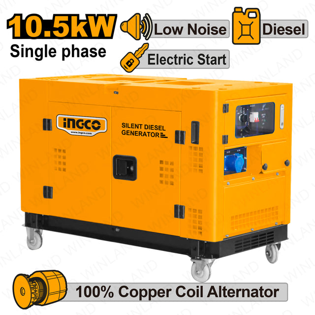 INGCO 12kVA silent diesel generator 26L fuel tank 220–240V GSE125001-5P