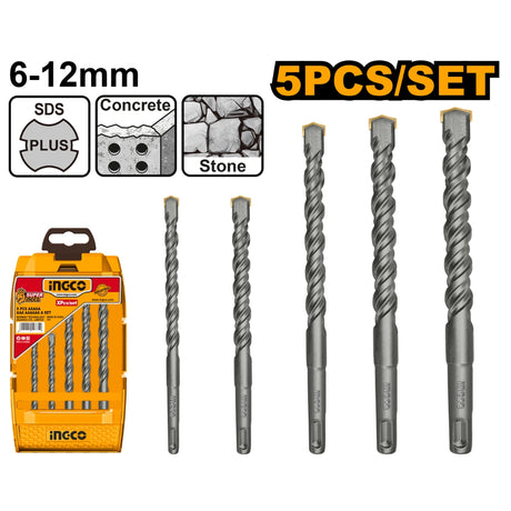Set of five drill bits with packaging, labeled for concrete and stone drilling.