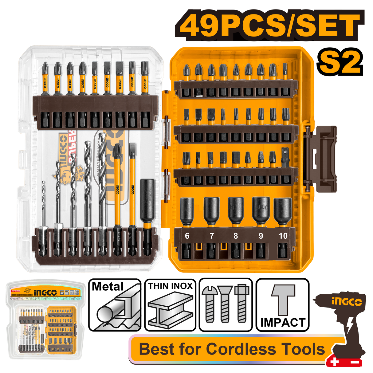 Ingco Industrial 49PCS/Set S2 Steel Impact Screwdriver Bits Set AKDL24906 ING-HT