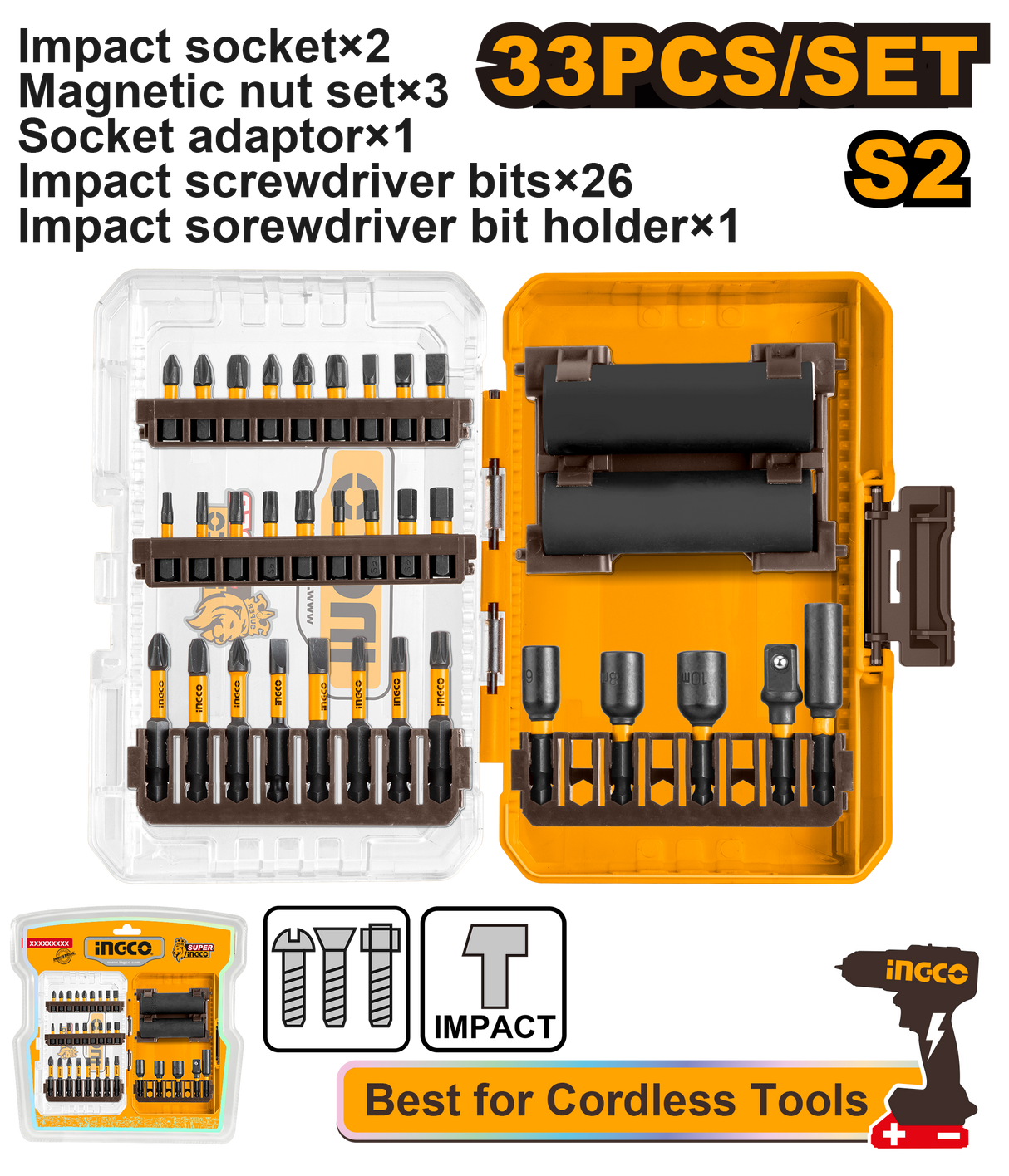 Ingco  Industrial 33PCS/Set S2 Steel Impact Screwdriver Bits Set AKDL63306 ING-HT