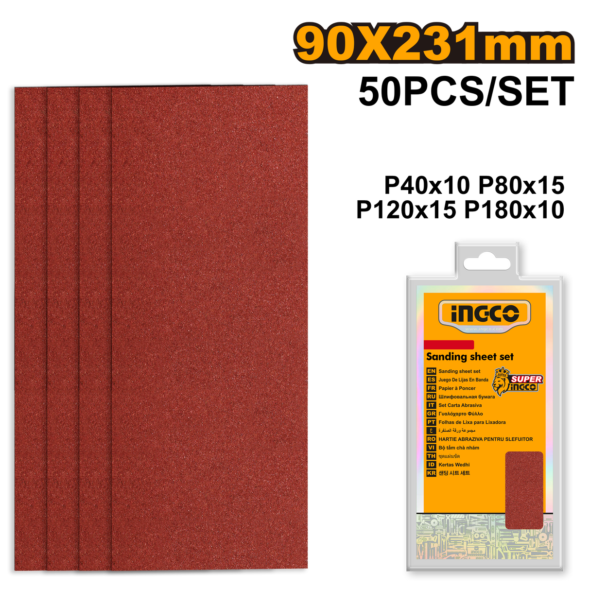INGCO 50-piece sanding sheet set, P40–P180 grit