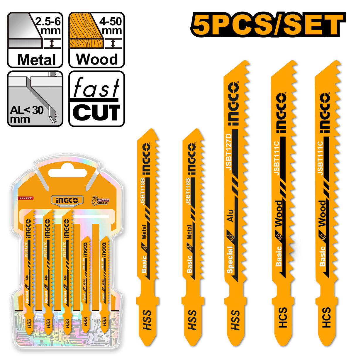 INGCO 5pcs Jigsaw Blade Set for Wood Metal Aluminum