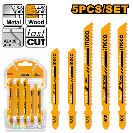 INGCO 5pcs Jigsaw Blade Set for Wood Metal Aluminum