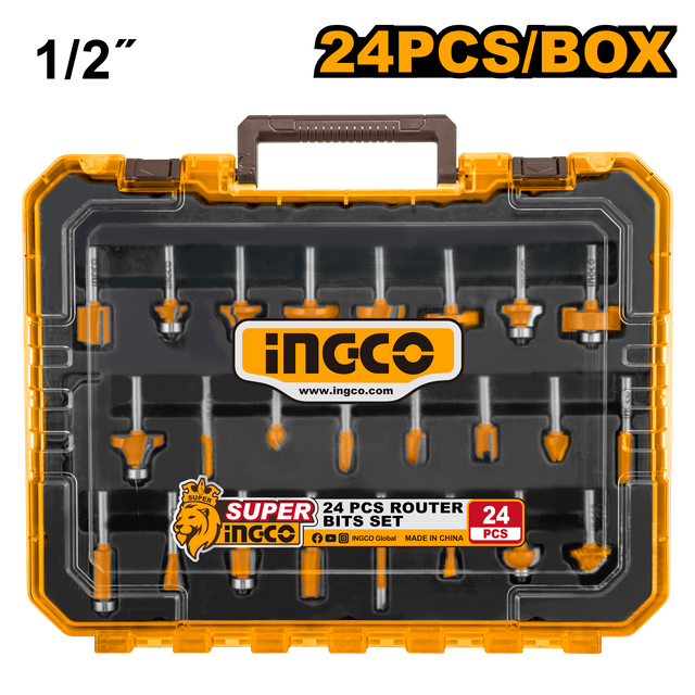 INGCO 24pcs Router Bit Set 1/2 and 1/4 Inch Shank for Wood