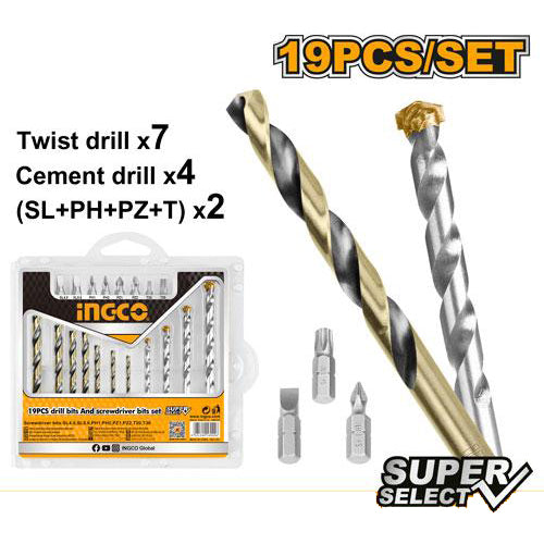 Ingco 19pcs drill bits and screwdriver bits set
