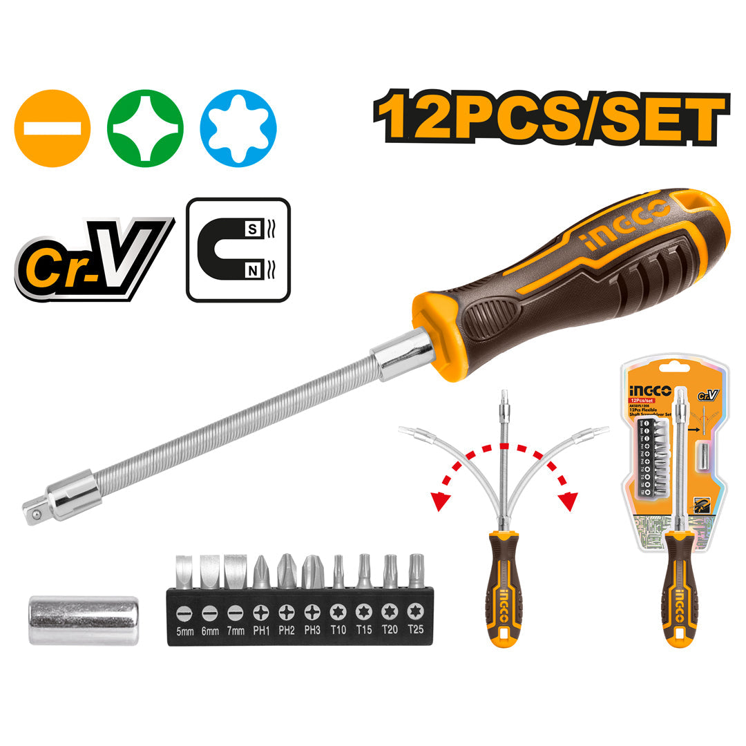 Ingco 12 Pcs Flexible Shaft Screwdriver Set AKSDFL1208 - Winland Depot
