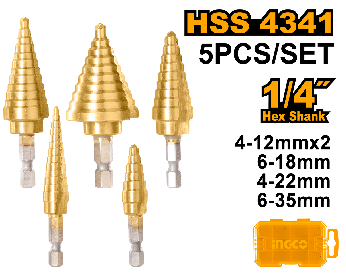 INGCO 5pcs Hex Shank Step Drill Bit Set 1/4"