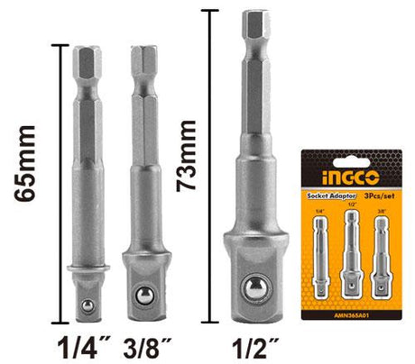 Ingco 3pcs Socket Adaptor Set with 1/4" Hex Shank AMN365A01 - Winland Depot