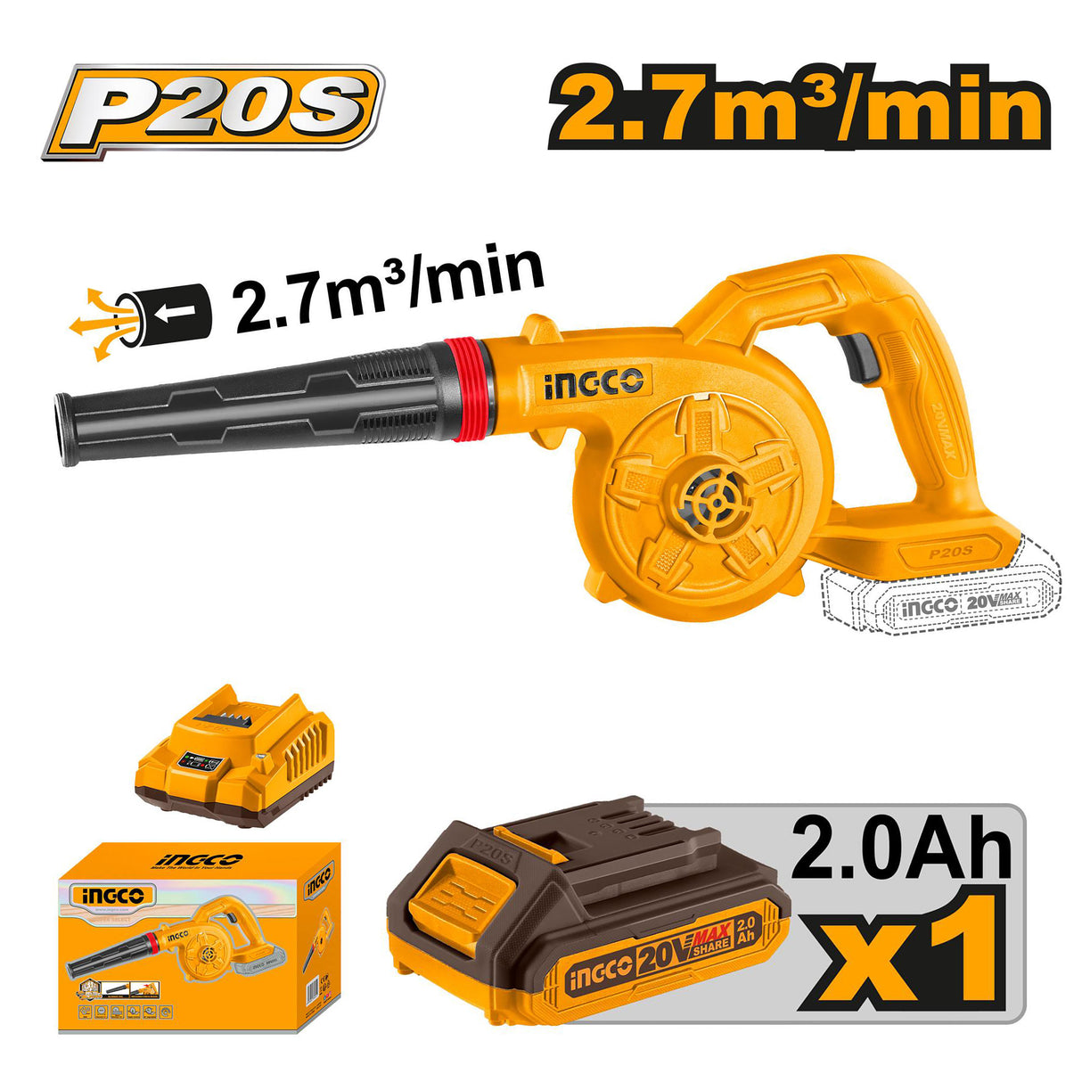 Lithium-Ion Cordless Blower 20V No-load speed: 18000rpm ING-COR