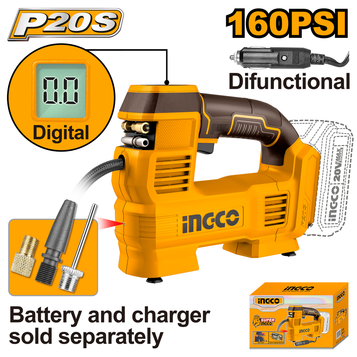 INGCO P20S 20V Cordless Auto Air Compressor 160PSI