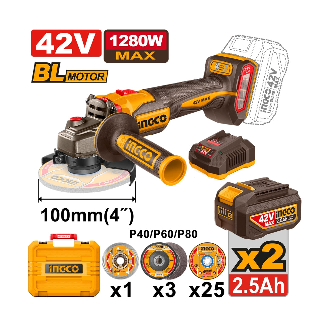 Ingco 42V/1280W Brushless Motor Lithium-Ion Cordless Angle Grinder CAGLI4128102 ING-CT