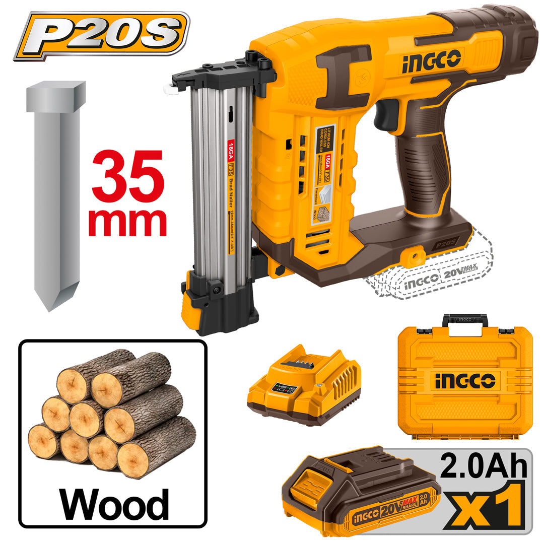 Ingco P20S 20V Lithium-Ion Cordless Brad Nailer Kit CBNLI3508