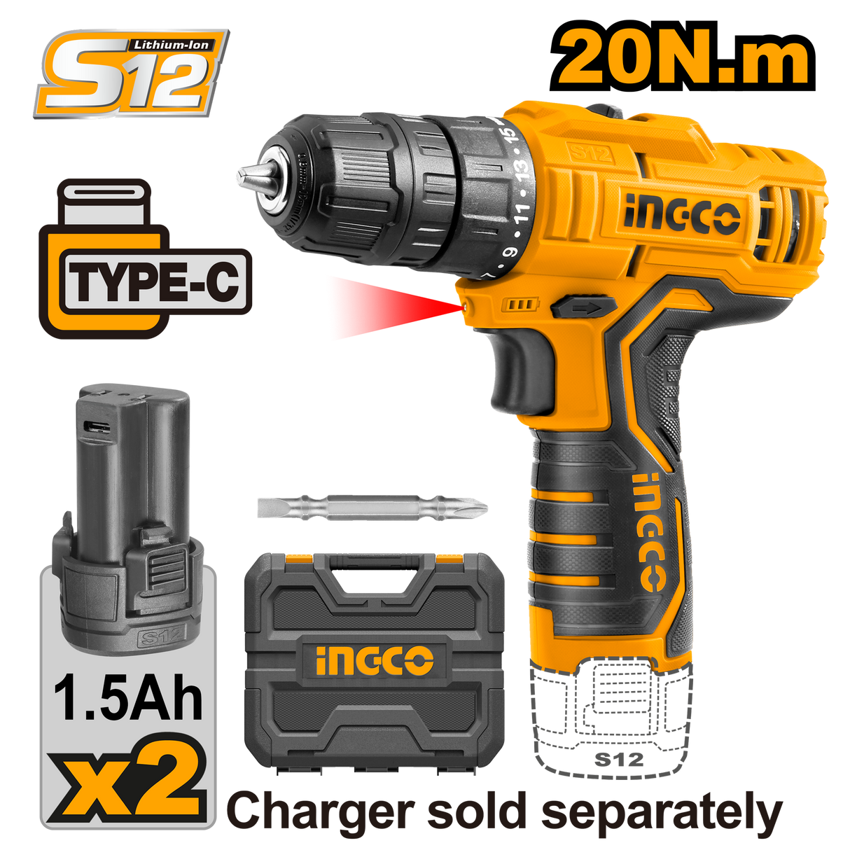 Lithium-Ion Cordless Drill 12V with 2 Batteries CDLI12325 / CDLI12208 / CDLI12328 ING-COR