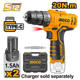 Lithium-Ion Cordless Drill 12V with 2 Batteries CDLI12325 / CDLI12208 / CDLI12328 ING-COR