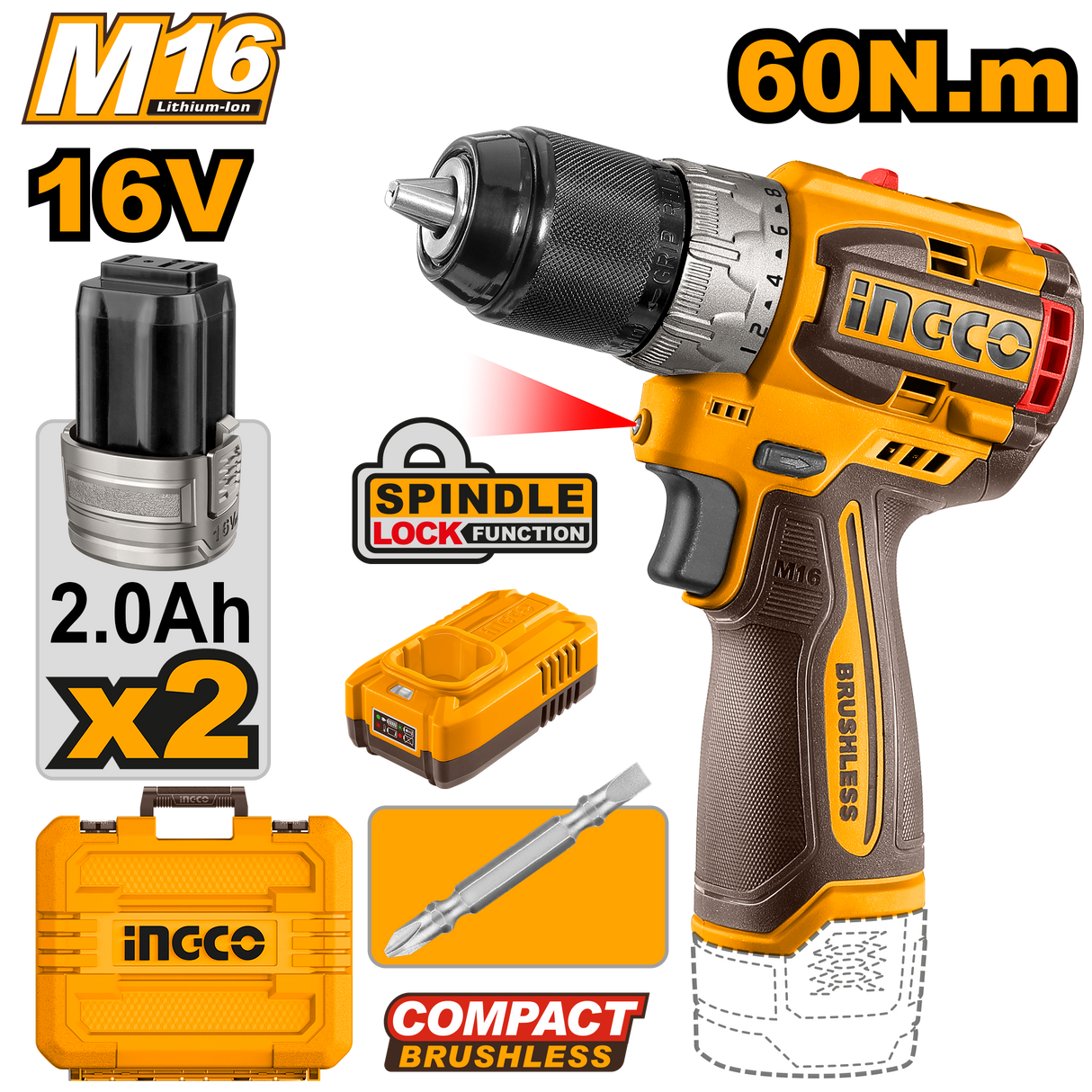 Brushless Motor Compact Cordless Drill 16V CDLI16682 ING-COR