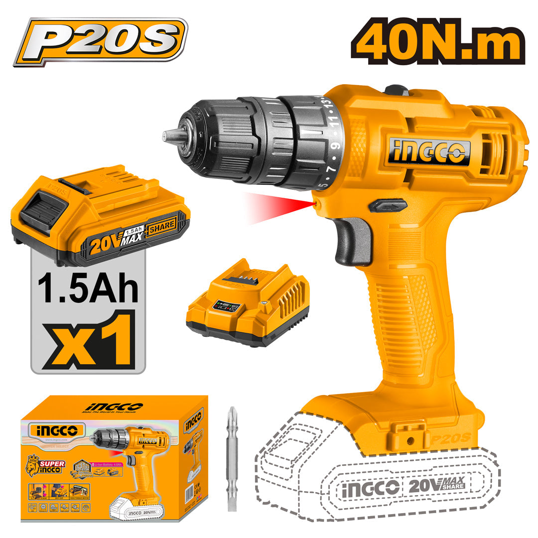Ingco P20S 20V Fast Charging Lithium-Ion Cordless Drill CDLI20032