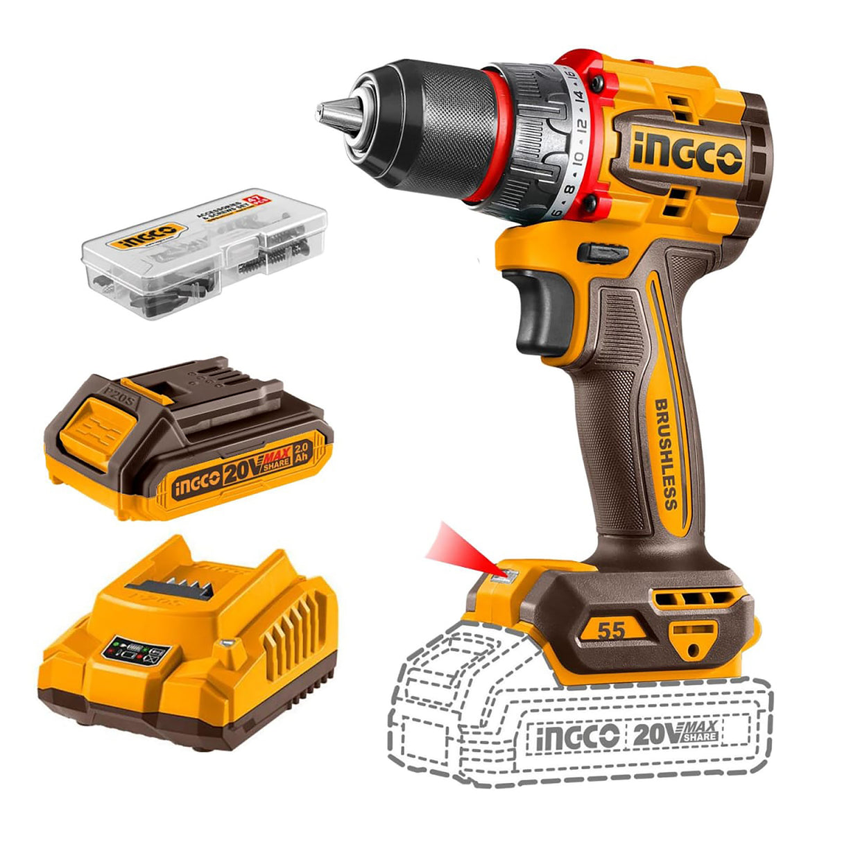 P20S/20V Lithium-Ion Compact Brushless Cordless Drill CDLI205582/CDLI205581 ING-COR