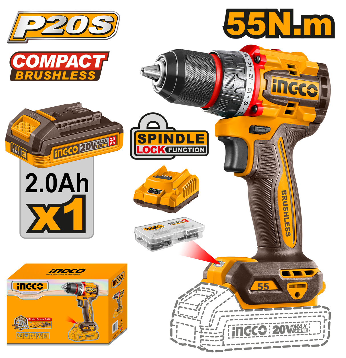P20S/20V Lithium-Ion Compact Brushless Cordless Drill CDLI205582/CDLI205581 ING-COR
