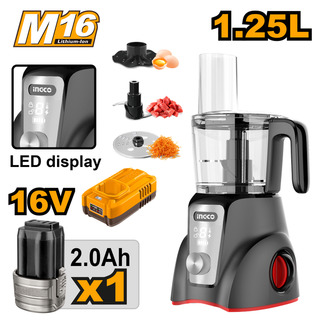 INGCO 1.25L 16V cordless food processor, 250W