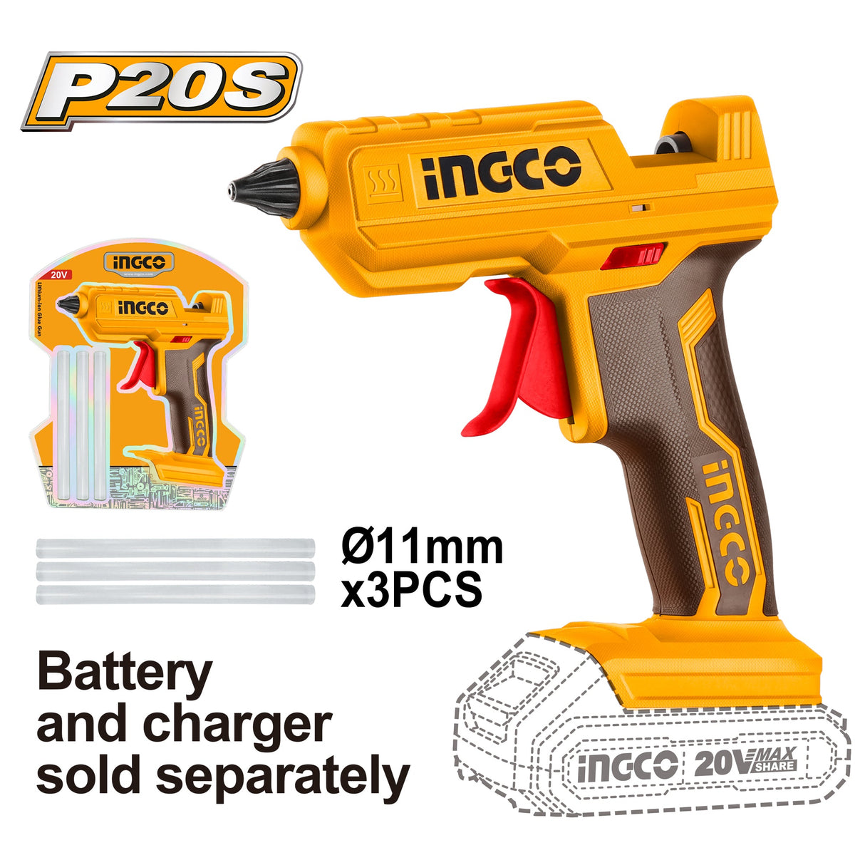Ingco P20S 20V Lithium-Ion Cordless Glue Gun CGGLI2001