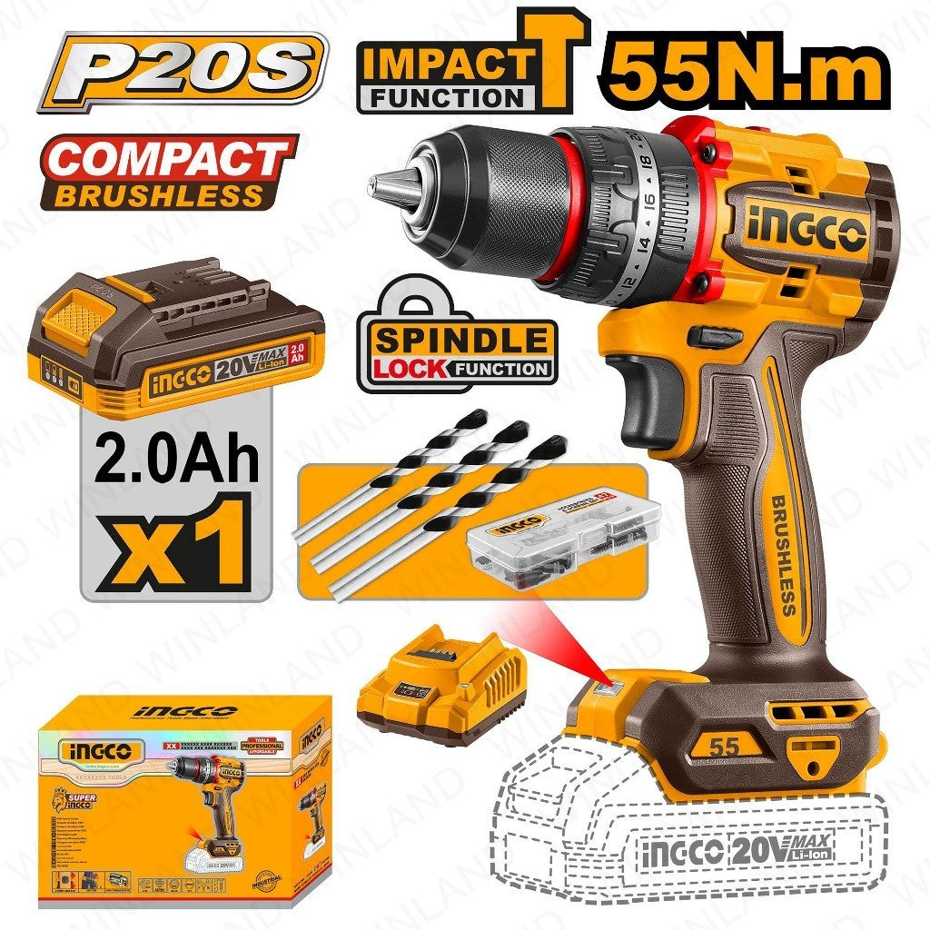 P20S/20V Lithium-Ion Compact Brushless Cordless Impact Drill ING-COR