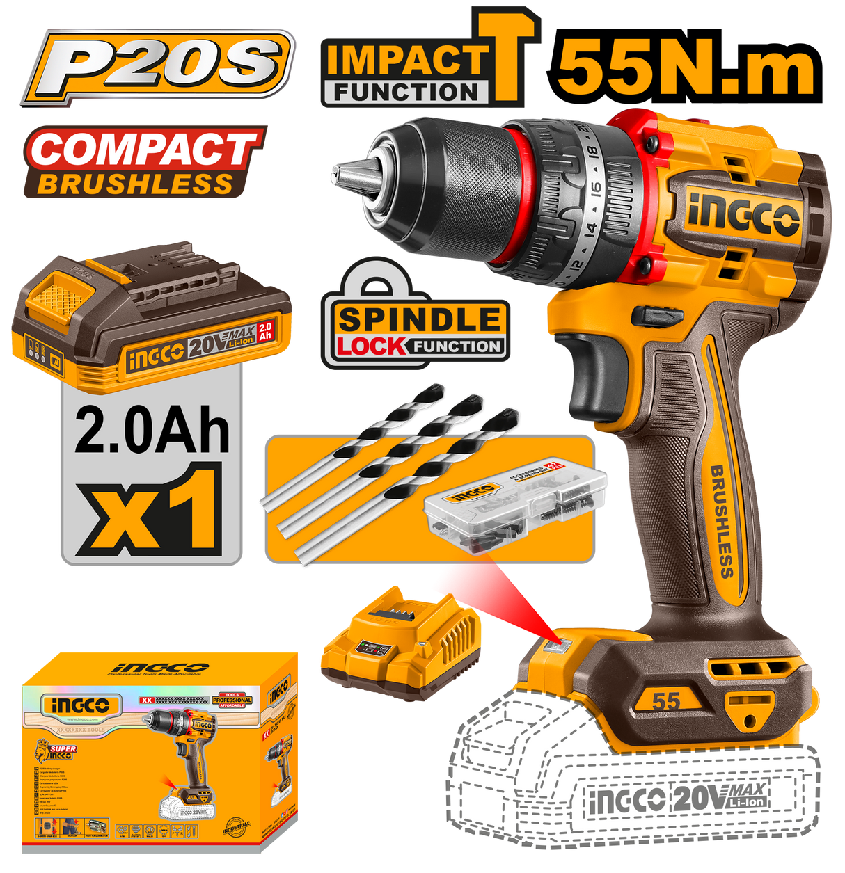 P20S/20V Lithium-Ion Compact Brushless Cordless Impact Drill ING-COR