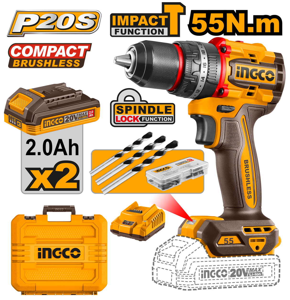 P20S/20V Lithium-Ion Compact Brushless Cordless Impact Drill ING-COR