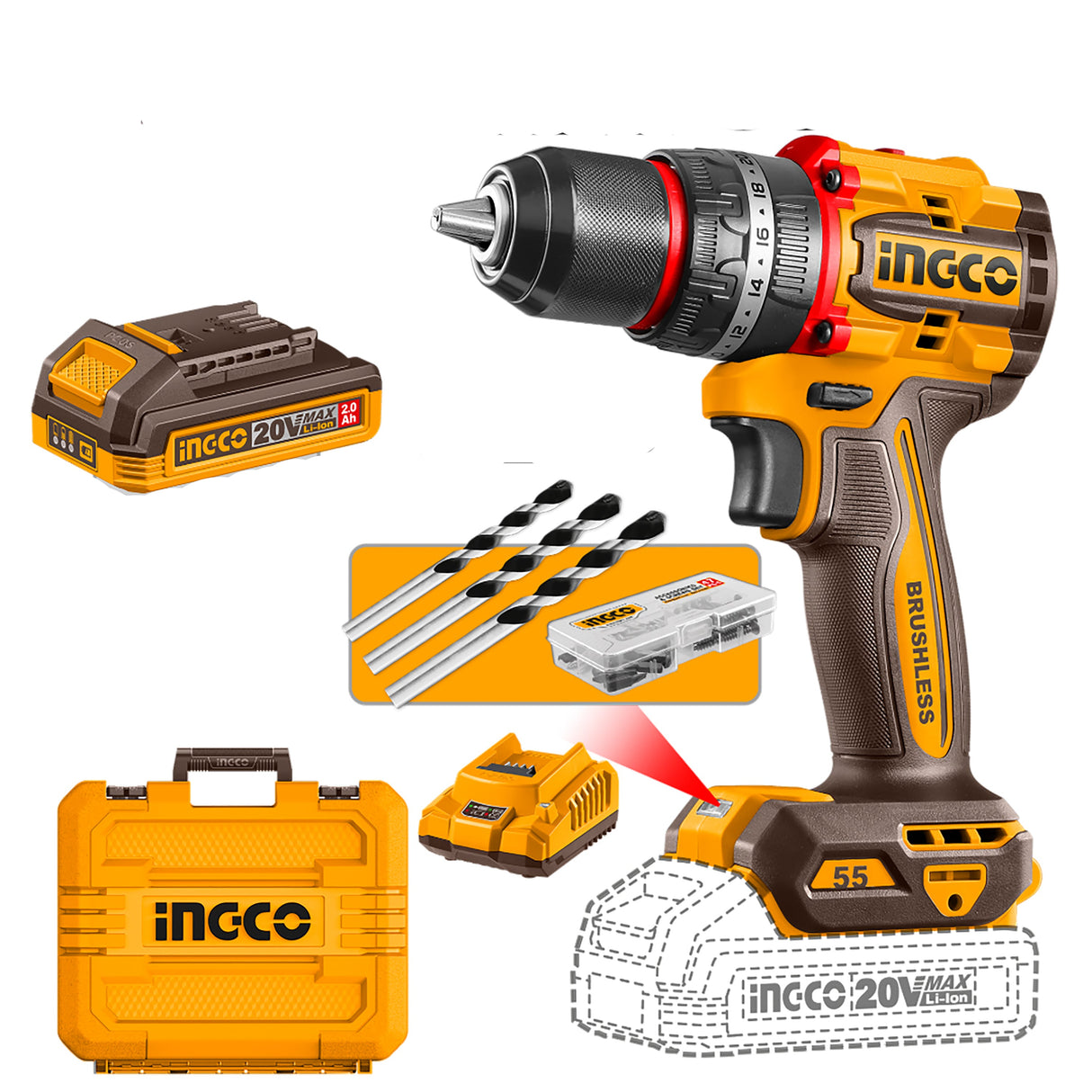 P20S/20V Lithium-Ion Compact Brushless Cordless Impact Drill ING-COR