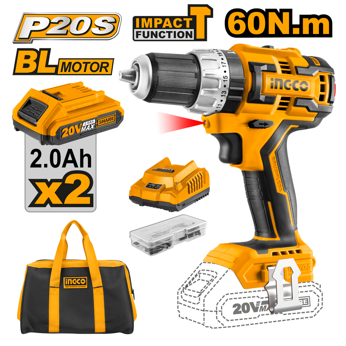 Ingco P20 20V Lithium-Ion Cordless Brushless Impact Drill CIDLI20608 ING-COR