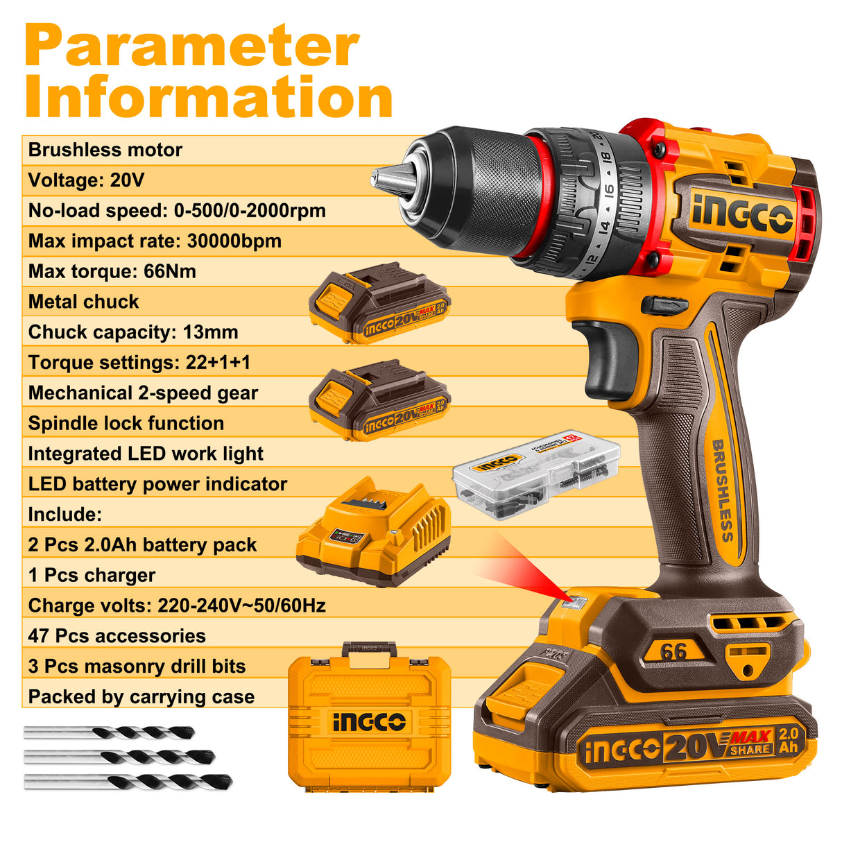 P20S/20V Lithium-Ion Brushless Compact Cordless Drill 66NM CDLI20668/CDLI206681 ING-CT