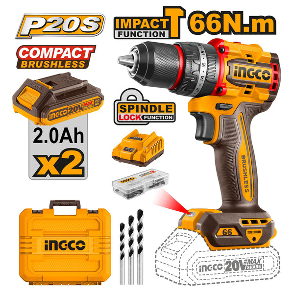 ingco p20s/ lithium-ion brushless compact impact cordless drill ing-cor product photo