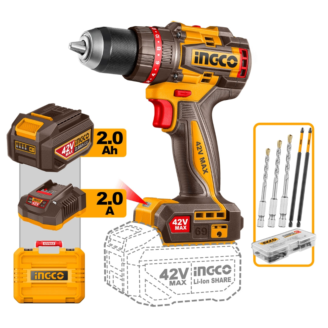 Ingco 42V/69NM Brushless Motor Lithium-Ion Cordless Impact Drill CIDLI426981 ING-CT