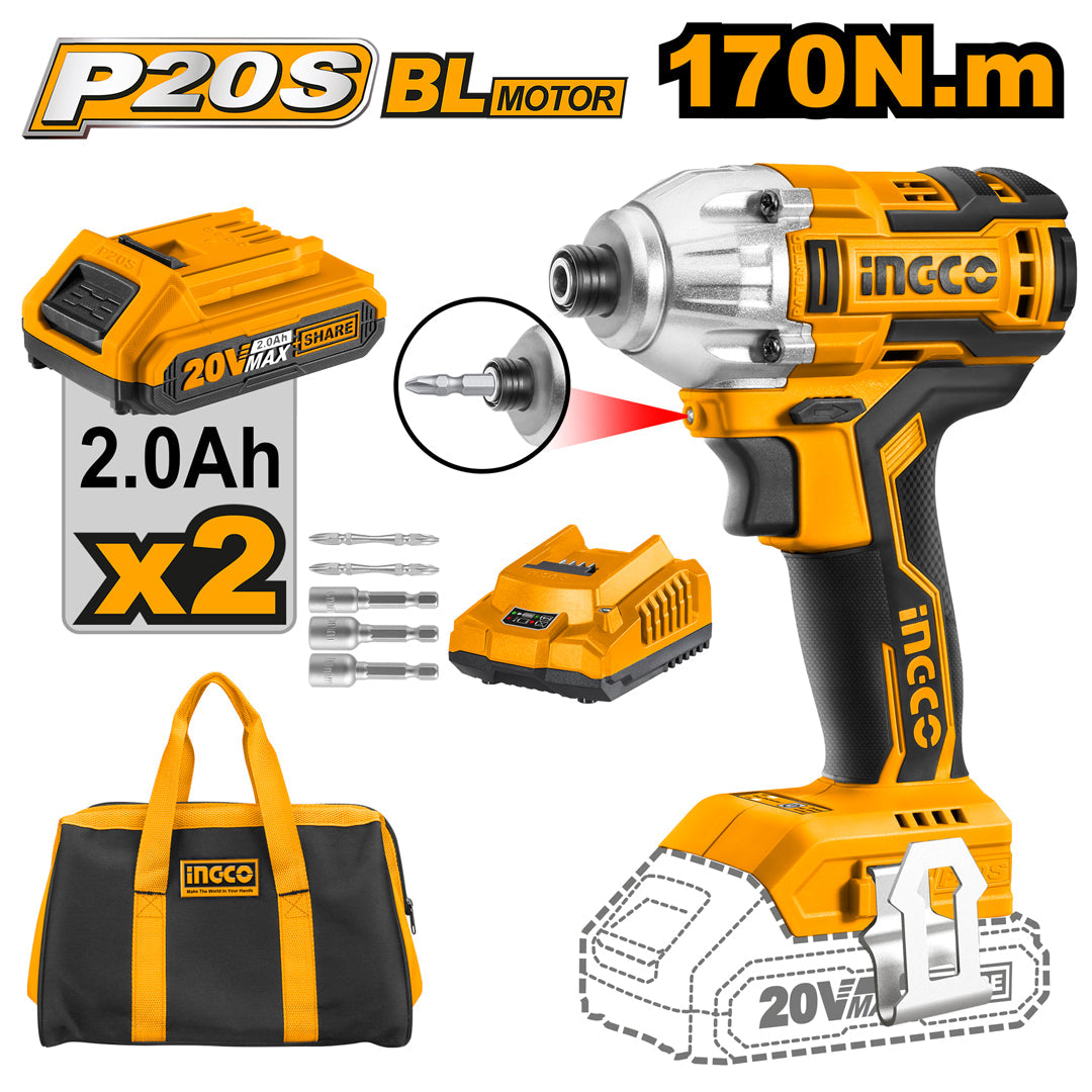 Ingco P20S 20V Lithium-Ion Cordless Brushless Motor Impact Driver CIRLI2002
