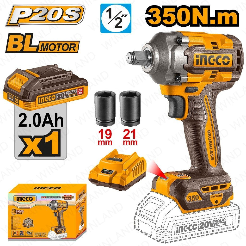 P20S/20V 1/2inches Lithium-Ion Cordless Impact Wrench 350N.m ING-COR