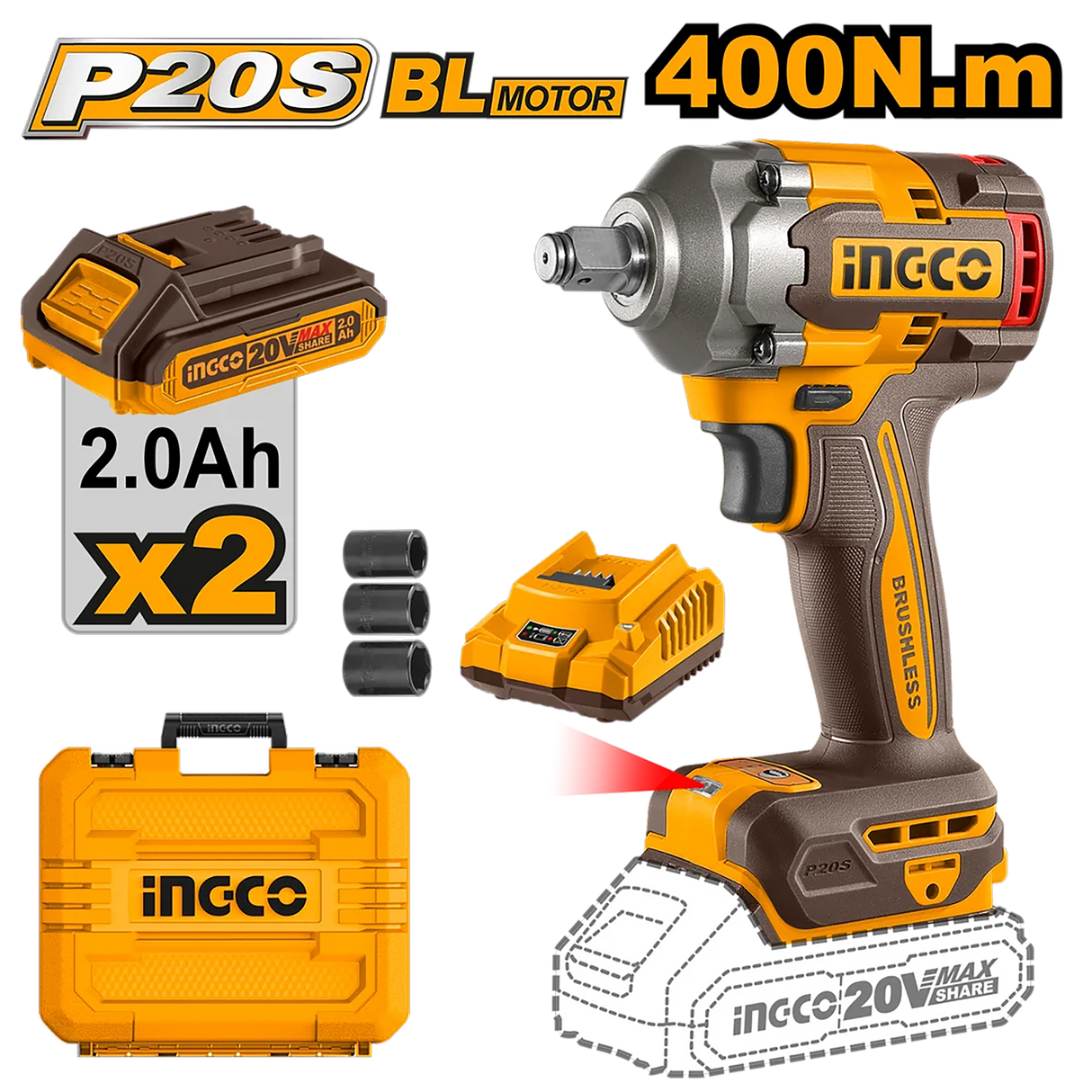 P20S Lithium-Ion Cordless Brushless motor Impact Wrench 20V 400N.m CIWLI2040 ING-COR