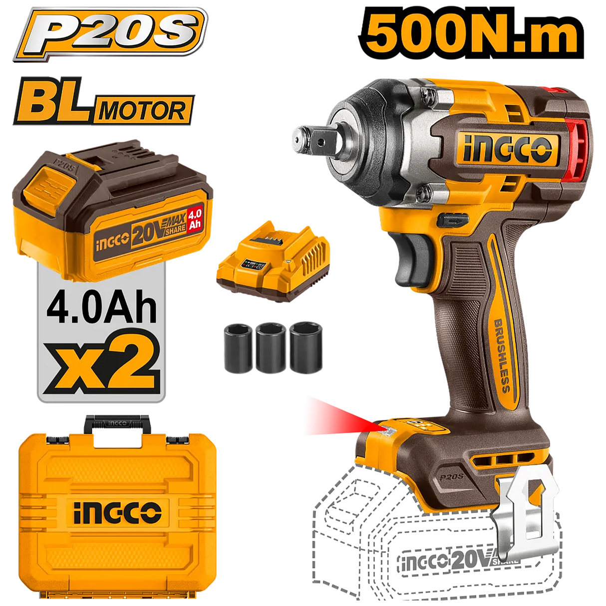 P20S/20V Brushless Motor Lithium-Ion Cordless Impact Wrench ING-COR