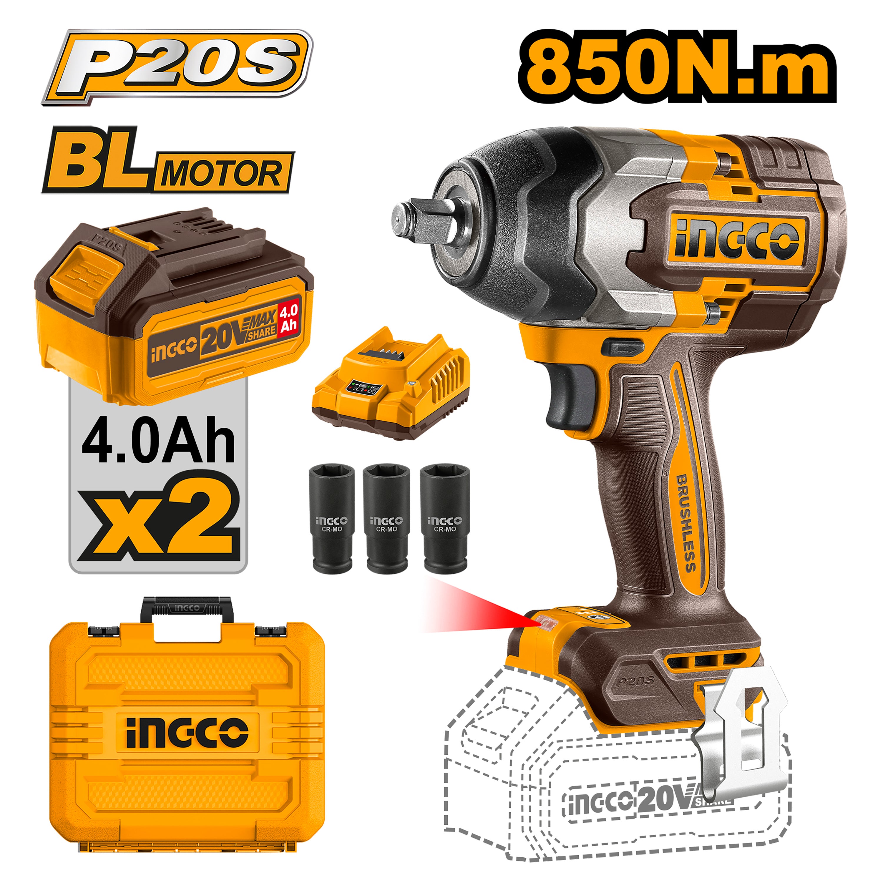 Ingco Electric Wrench Gun P20S 20V Brushless Cordless Lithium-Ion