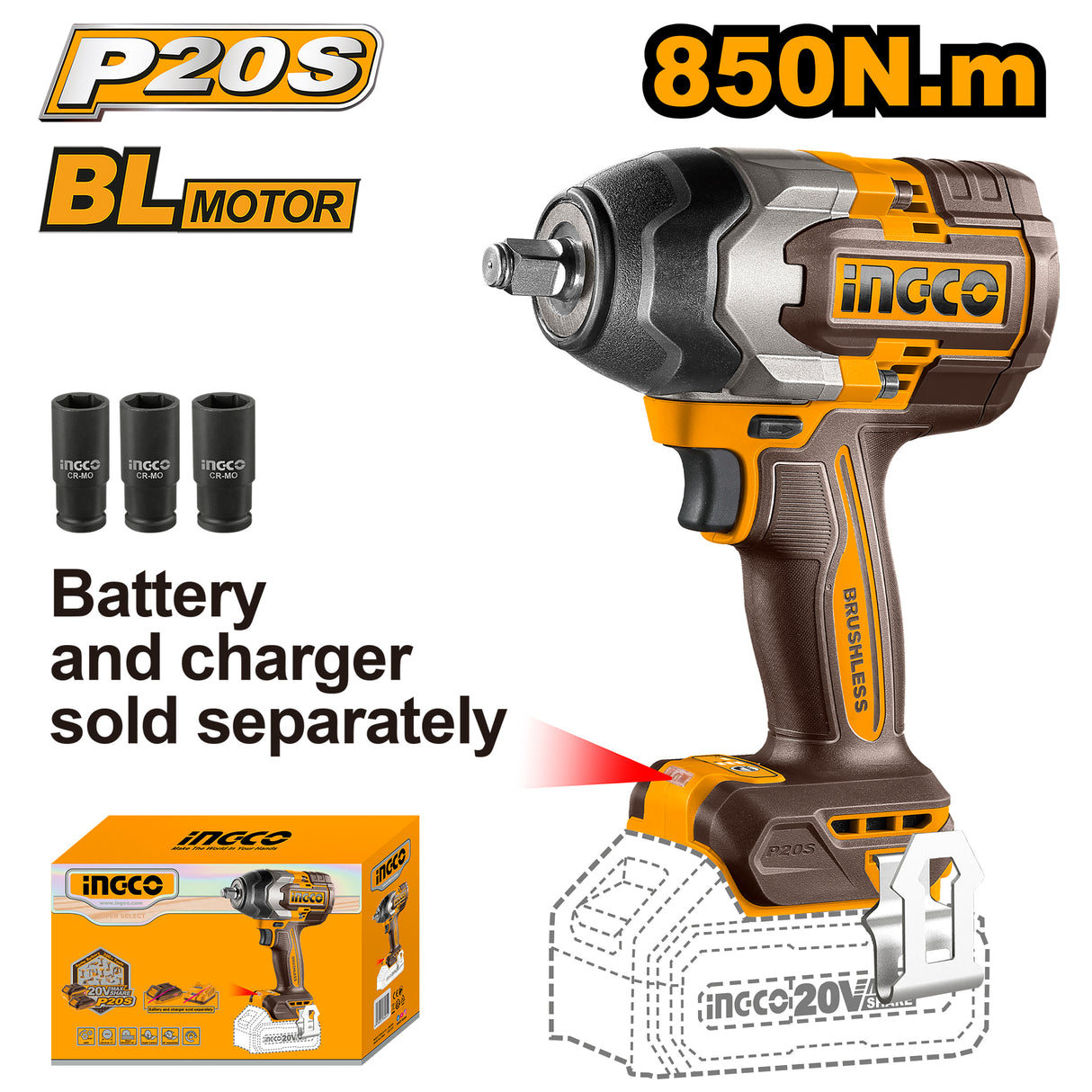 P20S 20V Brushless Cordless Lithium-Ion Impact Wrench No Batt & Charger CIWLI20851 ING-COR
