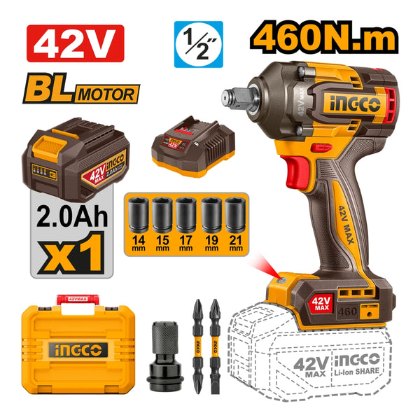 Ingco  42V/460NM(1/2inches) Brushless Motor Lithium-Ion Cordless Impact Wrench CIWLI42461