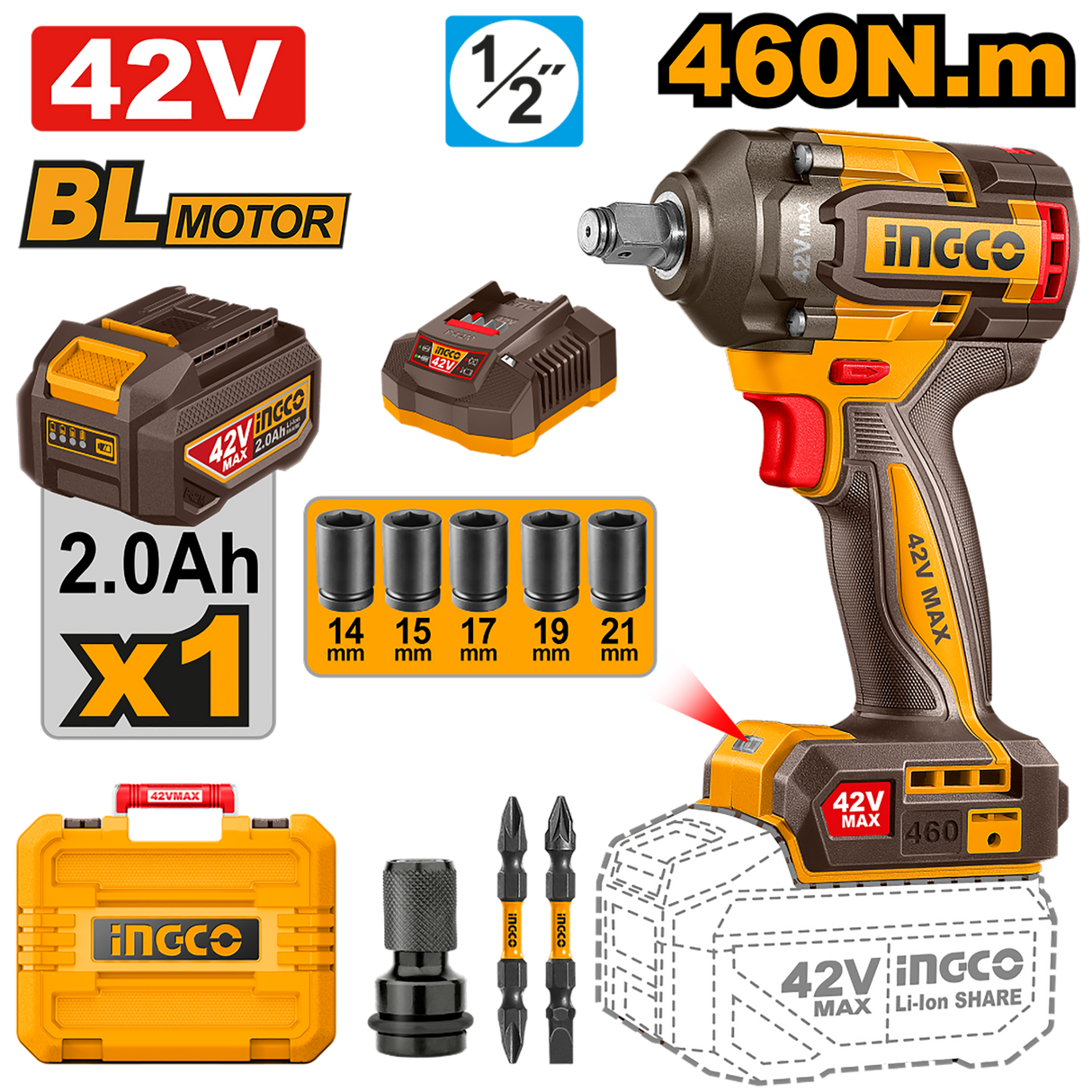 Ingco  42V/460NM(1/2inches) Brushless Motor Lithium-Ion Cordless Impact Wrench CIWLI42461