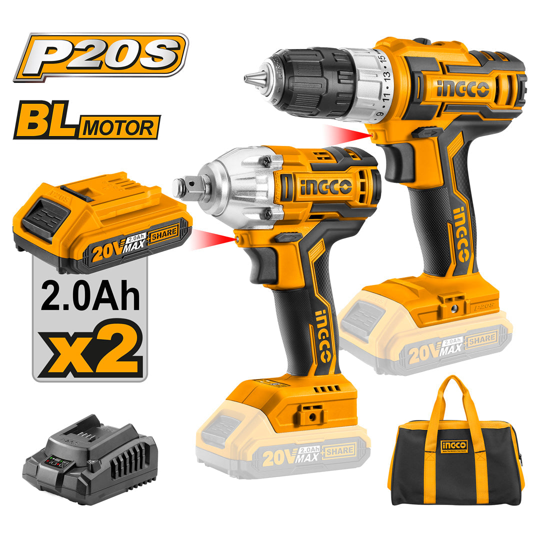 Ingco P20S 20V Lithium-Ion Cordless Combo Kit Cordless Drill & Impact Wrench CKLI2007