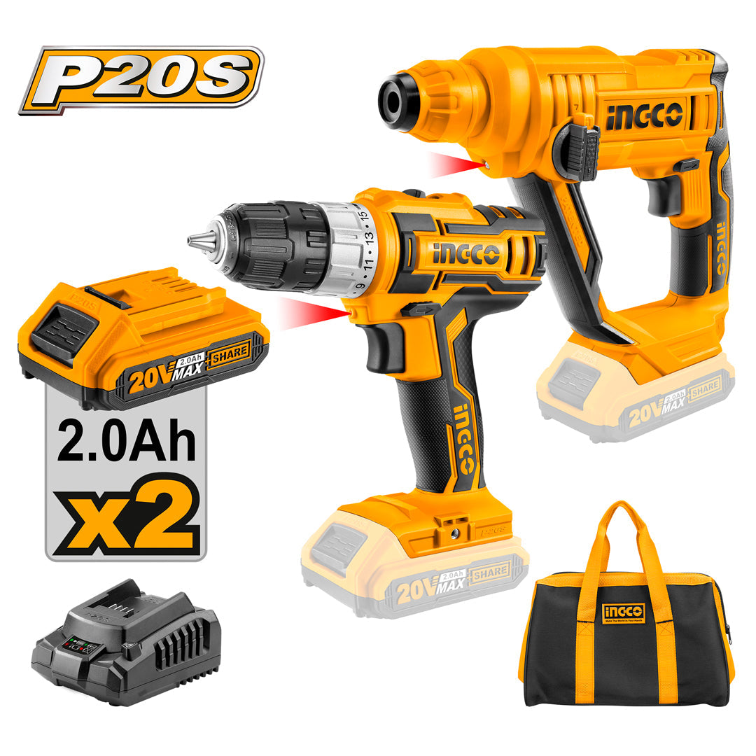 Ingco P20S 20V Cordless Lithium-Ion 2 Pcs Combo Kit Cordless Drill + Rotary Hammer CKLI2008