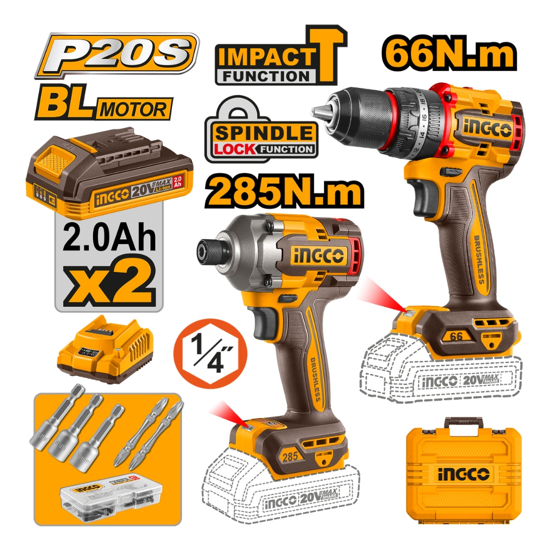 P20S/20V 2PCS Combo Kit w/ Lithium-Ion Compact Brushless Impact Drill CKLI20277 ING-PT