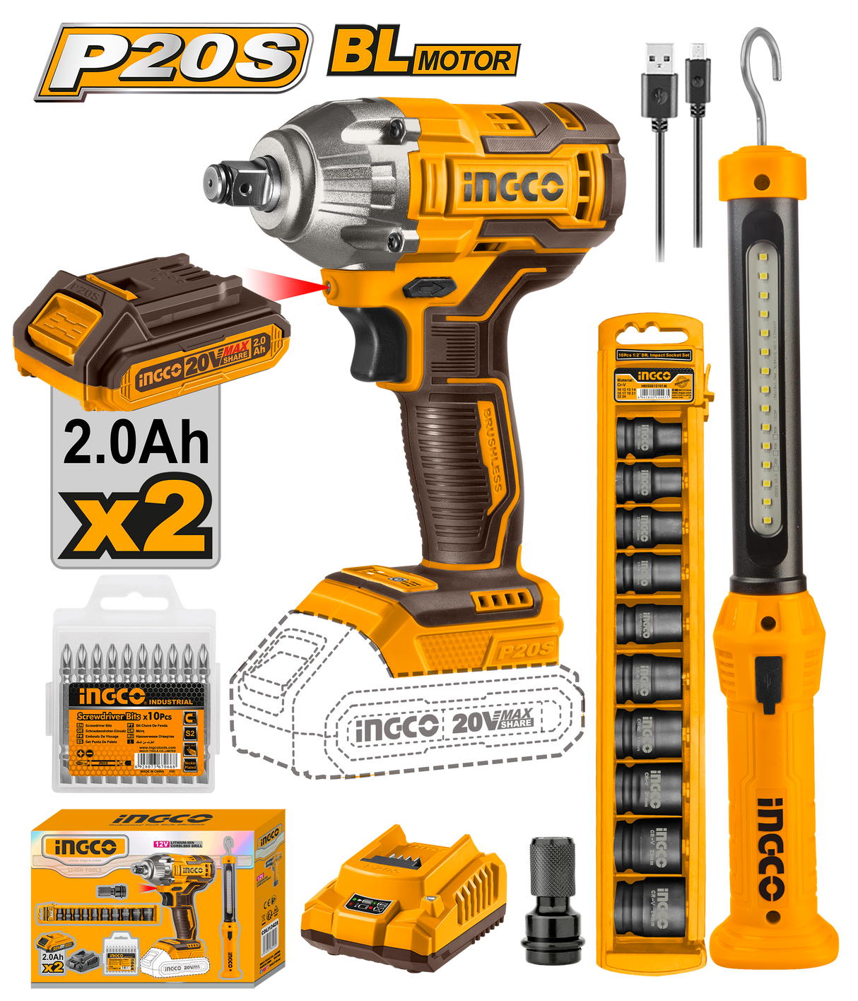 P20S 20V Brushless Cordless Impact Wrench Lithium-Ion CIWLI2038 ING-COR