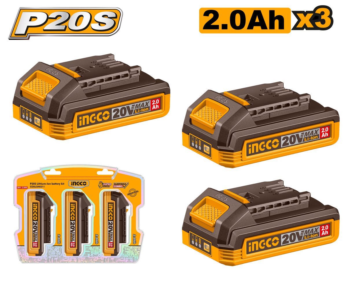 INGCO P20S 20V 3-piece 2.0Ah lithium-ion battery pack set