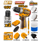 Ingco cordless drill with accessories on a white background